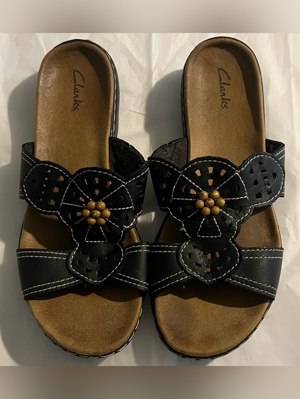Clarks Collection Black Leather Flower Detail Slide Wedge Sandal Size 9